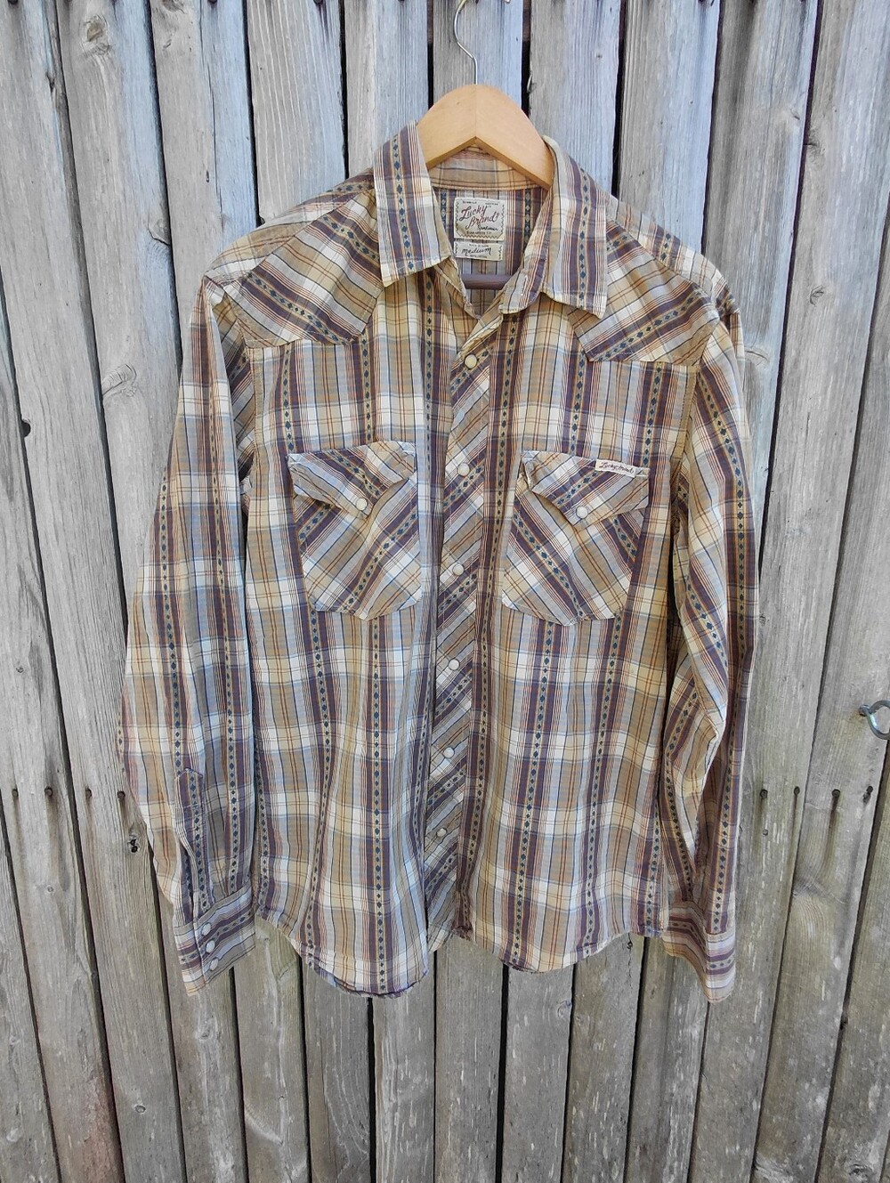 Lucky Brand western style pearl snap brown & navy blue plaid shirt Womens M - Picture 7 of 12